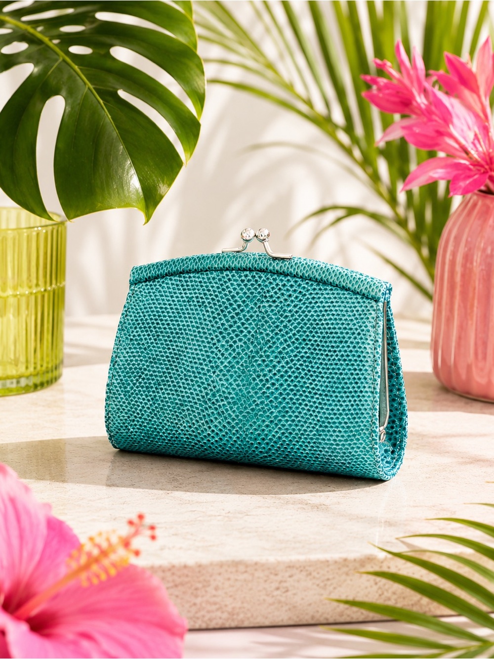 Judith Leiber Teal Karung Lizard Wallet – Crystal Kiss Lock Coin Purse (w Box)